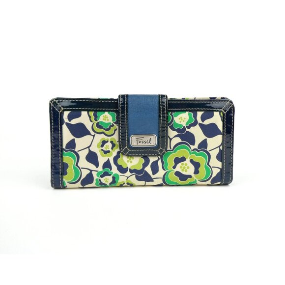 Fossil Womens Navy Green Floral Print Snap Bifold Wallet - Picture 1 of 14